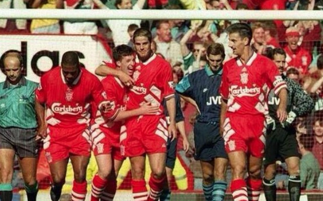 Robbie Fowler celebrates hat-trick v Arsenal