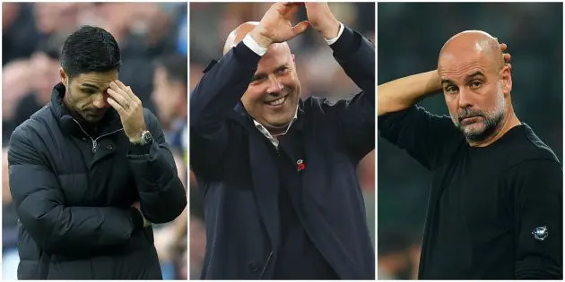 Mikel Arteta of Arsenal, Arne Slot of Liverpool and Pep Guardiola of Man City.