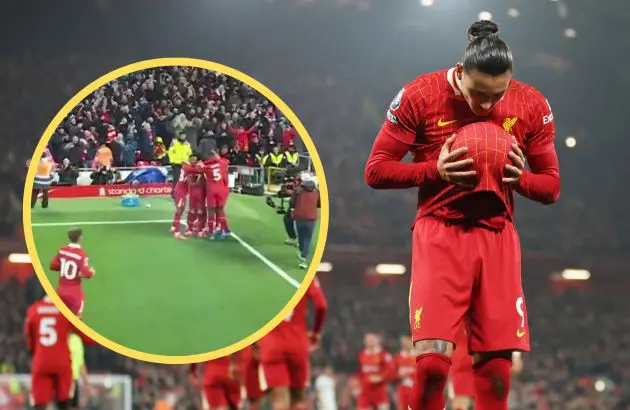 Darwin Nunez celebrates his Aston Villa goal at Anfield.