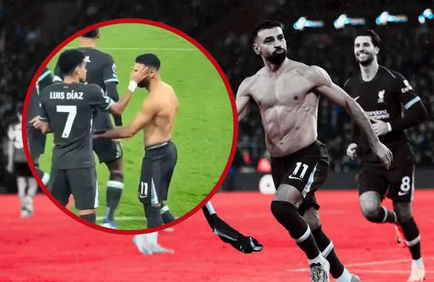 Luis Diaz celebrates with Mo Salah after winning goal against Southampton.