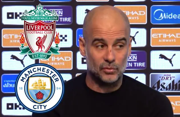 Pep Guardiola talks with reporters ahead of Liverpool v Man City.
