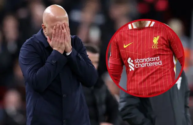 Arne Slot covers his face with his hands and a Liverpool shirt hangs.