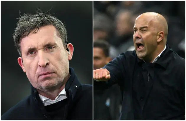 Former Liverpool forward Robbie Fowler and Arne Slot at St James' Park.