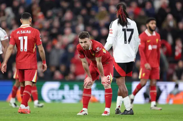 Diogo Jota takes a breather during Liverpool v Fulham.