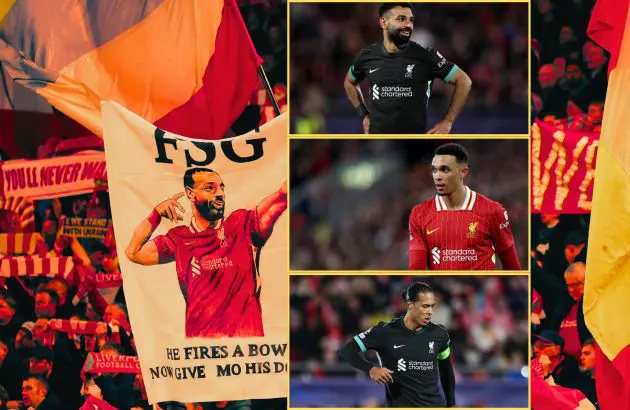 Trent Alexander-Arnold, Virgil van Dijk and Mo Salah in action for Liverpool FC.