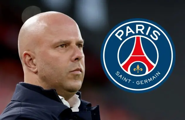 Liverpool head coach Arne Slot and PSG badge.