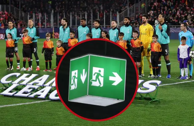 Alisson Becker and Liverpool teammates stand ahead of the Champions League anthem.