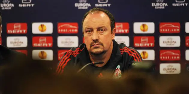 Rafa Benitez during a press conference as Liverpool manager in 2010