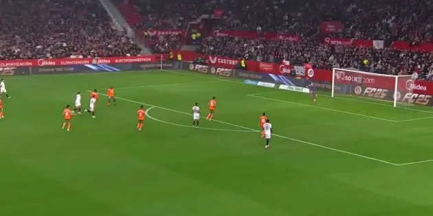 Giorgi Mamardashvili saves for Valencia against Sevilla