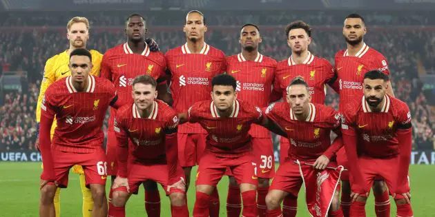 The Liverpool squad line up against Leverkusen in the Champions League