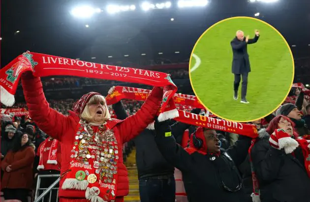 Liverpool fans hold up scarves next to picture of Arne Slot.
