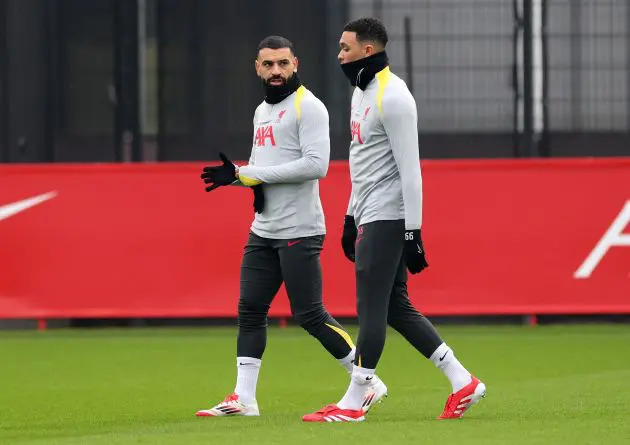 Mo Salah and Trent Alexander-Arnold talk in Liverpool training.