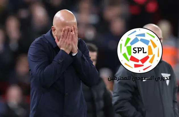 Arne Slot looks distraught next to the Saudi Pro League logo.