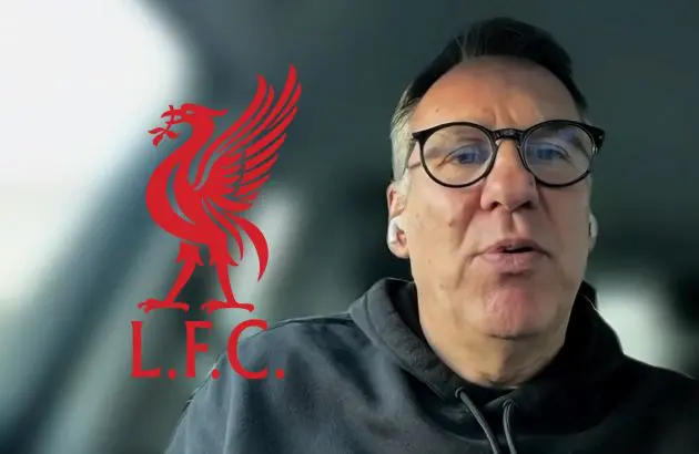 Paul Merson speaks to Sky Sports studio next to the Liverpool club crest.