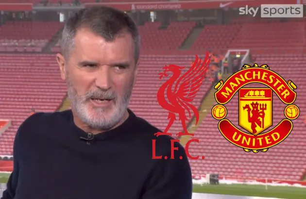 Roy Keane speaking to Sky Sports at Anfield next to Liverpool and Man Utd club badges.