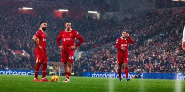 Trent Alexander-Arnold, Virgil van Dijk and Mo Salah at Anfield