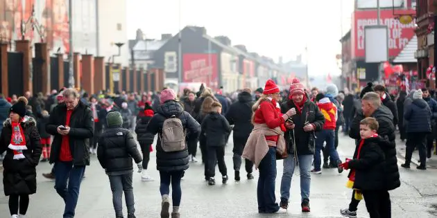 Anfield on a match day with supporters gathered in Liverpool