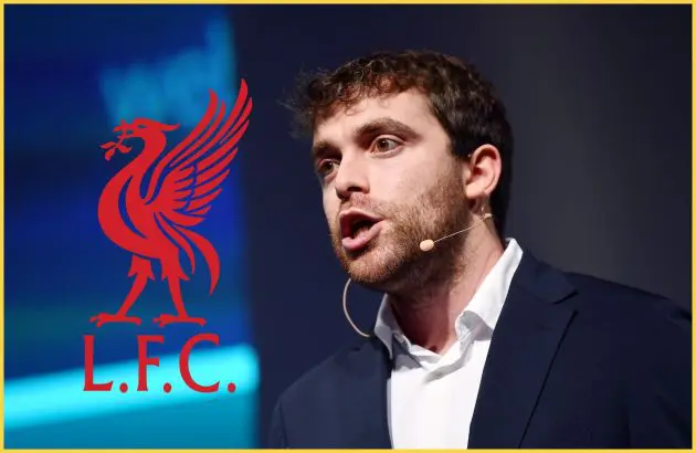 Fabrizio Romano speaks next to Liverpool club crest.