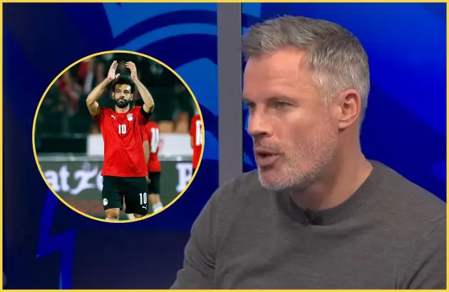 Jamie Carragher in Sky Sports studio next to Mo Salah in an Egypt kit.