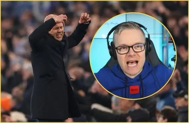 A frustrated Arne Slot throws up his arms next to Mark Goldbridge.