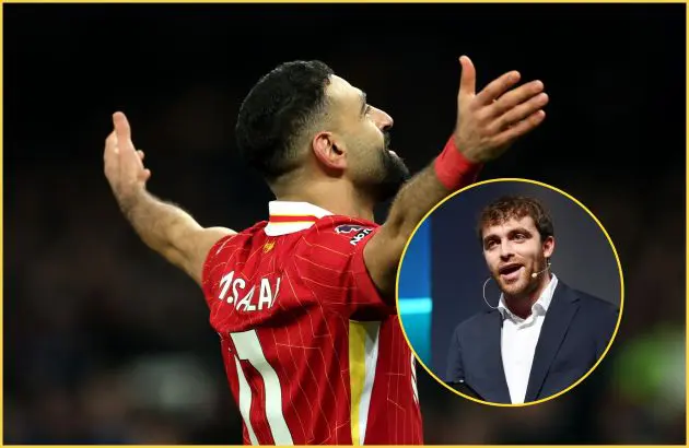 Mo Salah celebrates with his arms wide open.