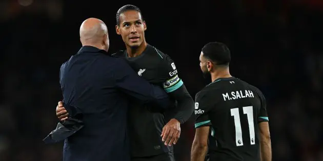 Virgil van Dijk celebrates with Arne Slot
