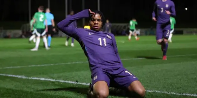 Rio Ngumoha celebrates scoring for England Under-17s
