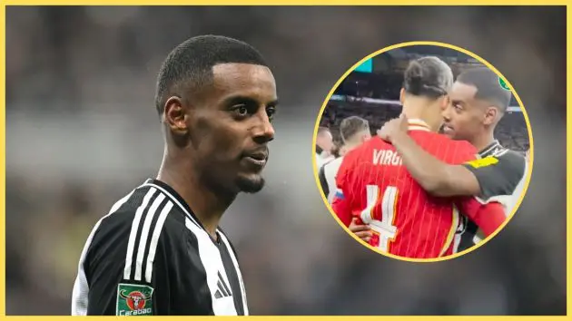 Liverpool target Alexander Isak looks at picture of himself and Virgil van Dijk hugging.