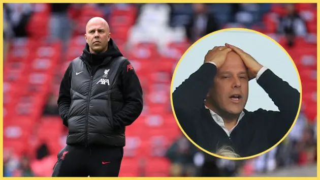 Arne Slot stands with his hands in his pockets next to picture of Liverpool head coach with hands on head.