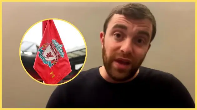 Fabrizio Romano speaks next to Liverpool corner flag.