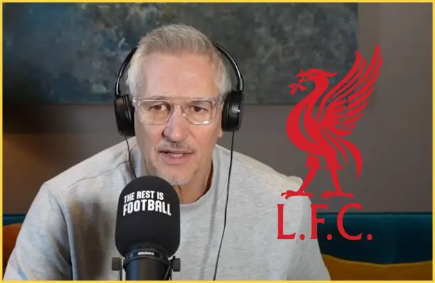 Gary Lineker speaks into microphone next to Liverpool club crest.