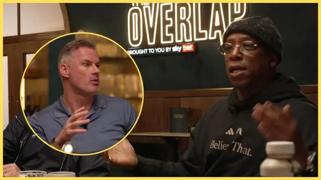 Ian Wright holds up his hands in disbelief next to picture of Jamie Carragher.