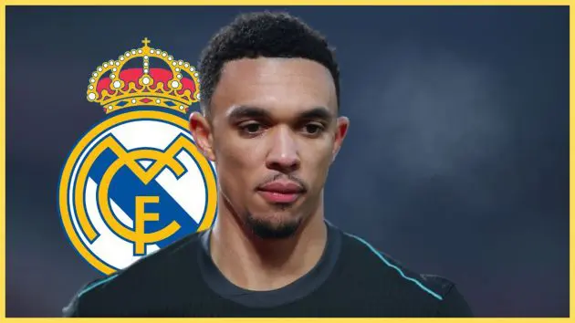 Trent Alexander-Arnold looks sheepish in front of Real Madrid club badge.