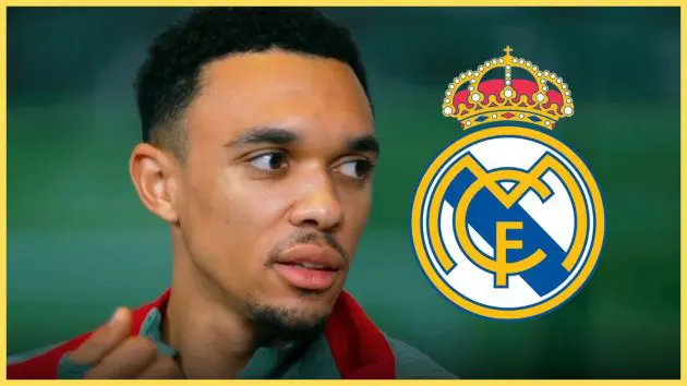 Trent Alexander-Arnold looks over at Real Madrid club logo.