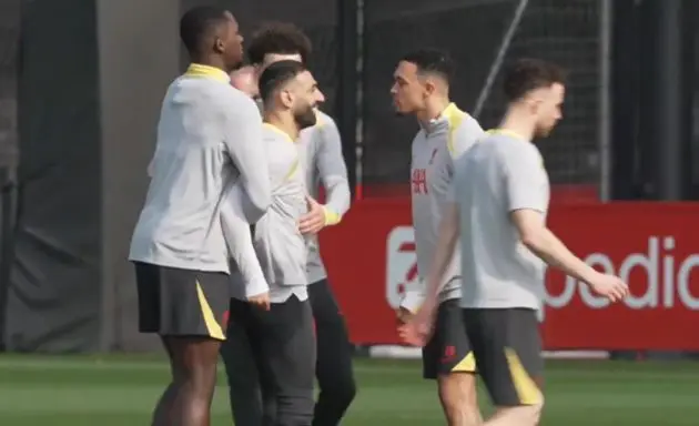 Mo Salah and Trent Alexander-Arnold had a light-hearted exchange in Liverpool training on Monday