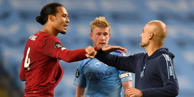 Virgil van Dijk with Kevin De Bruyne and Pep Guardiola