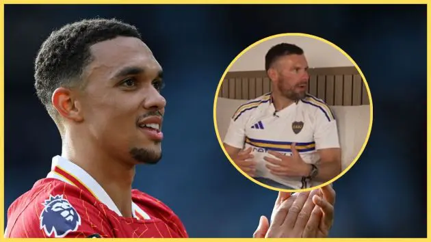 Trent Alexander-Arnold looks at a circle image of Ben Foster.