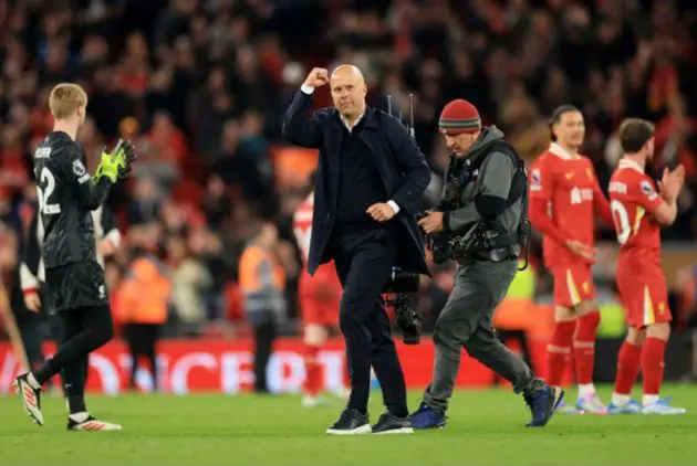 Arne Slot celebrates after Liverpool's win over Everton