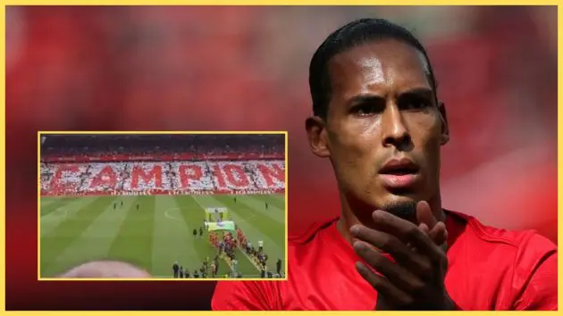 Virgil van Dijk claps his hands next to picture of Liverpool players lining up.