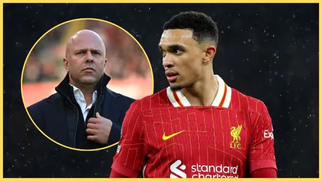 Arne Slot looks grumpy as Trent Alexander-Arnold looks at him.