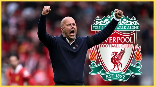 Arne Slot punches the air with both arms next to Liverpool club crest.