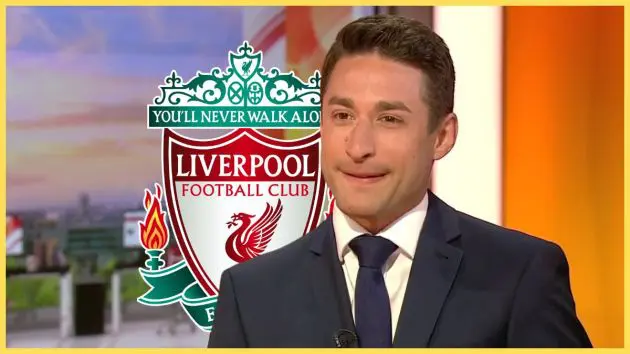 David Ornstein purses his lips in front of Liverpool club crest.