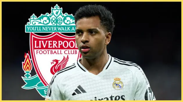 Rodrygo stands in front of Liverpool club crest.