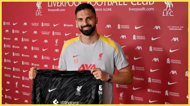 Giorgi Mamardashvili poses with a Liverpool shirt