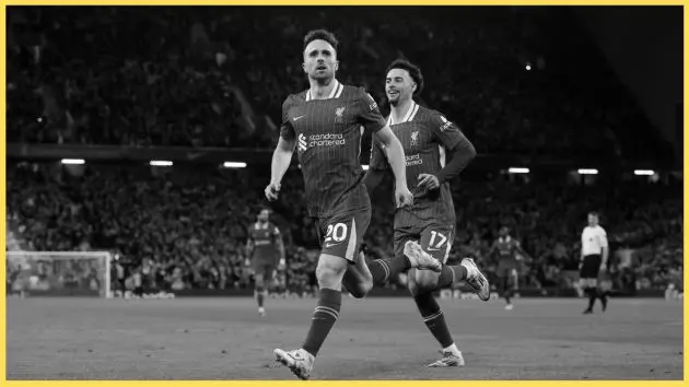 Diogo Jota celebrates scoring against Everton in April - the last of his 65 goals for Liverpool