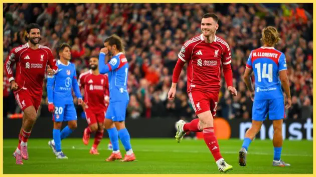 Andy Robertson celebrates scoring against Atletico Madrid