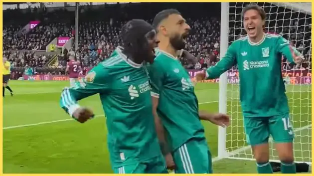 Ibrahima Konate and Federico Chiesa celebrate with Mo Salah at Turf Moor