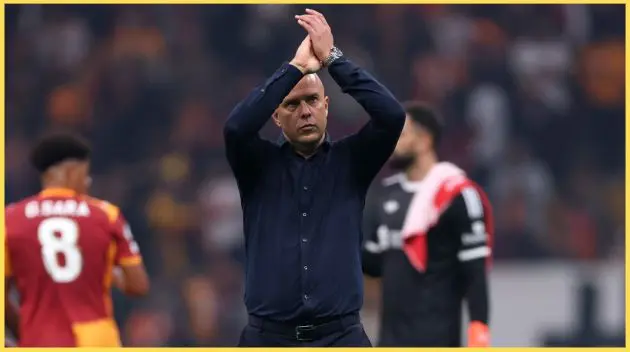 Arne Slot applauds the Liverpool fans after the defeat to Galatasaray