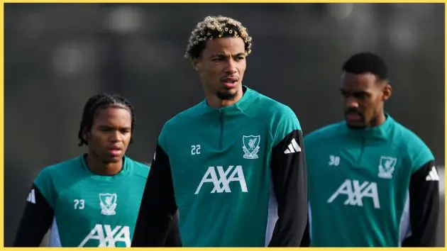 Hugo Ekitike stands in front of Rio Ngumoha and Alexander Isak in Liverpool training.