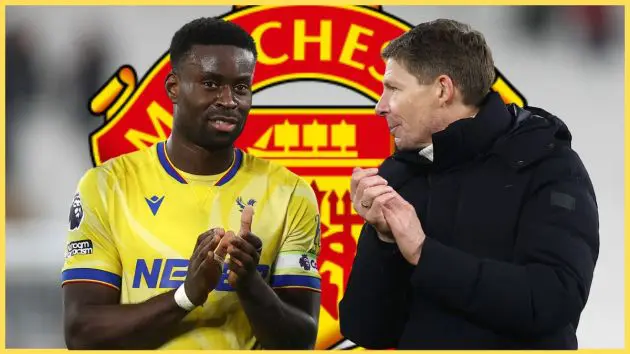 Marc Guehi claps his hands whilst standing next to Oliver Glasner with the Manchester United club crest in the background.